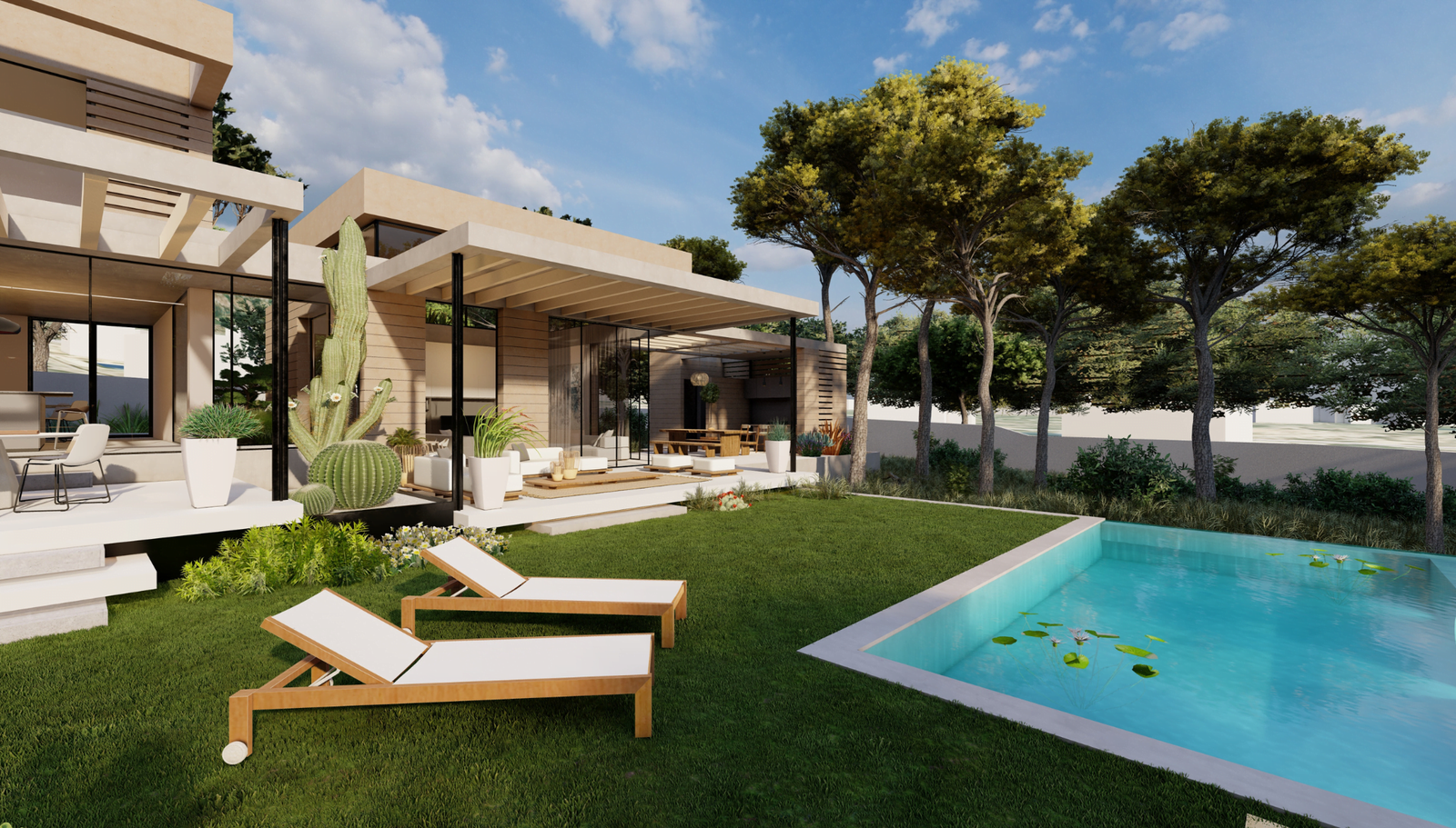 zona de la piscina rodeada de vegetacion