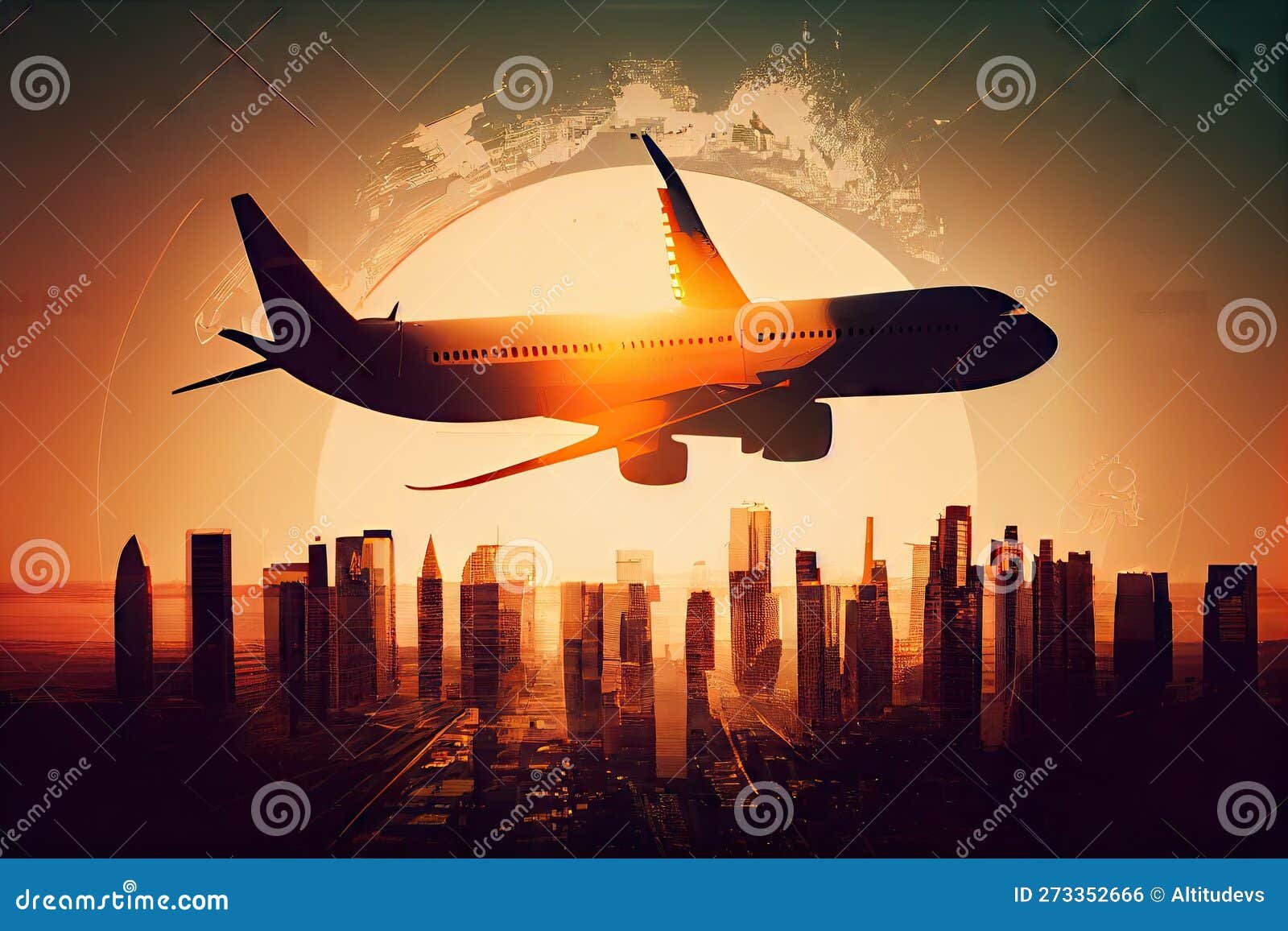 aeronave despegando sobre un paisaje urbano