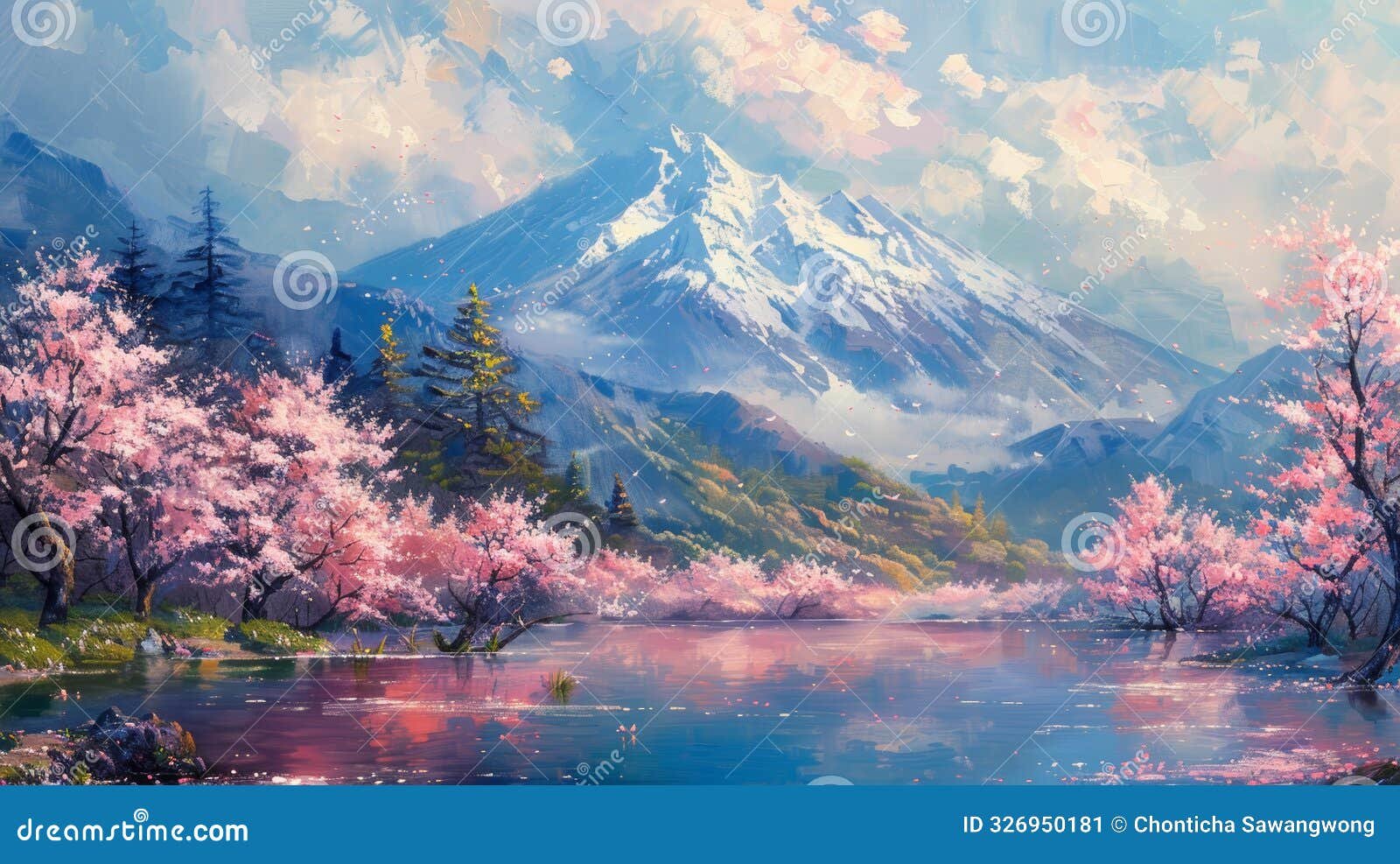 cerezos en flor en un paisaje sereno