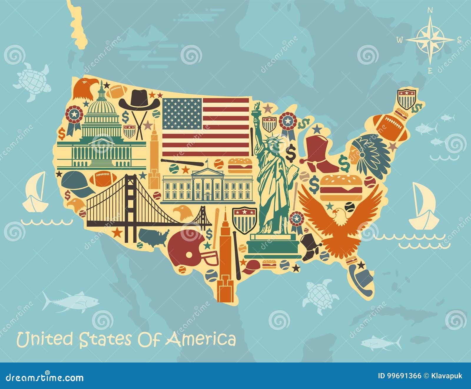 mapa de estados unidos con simbolos de viaje