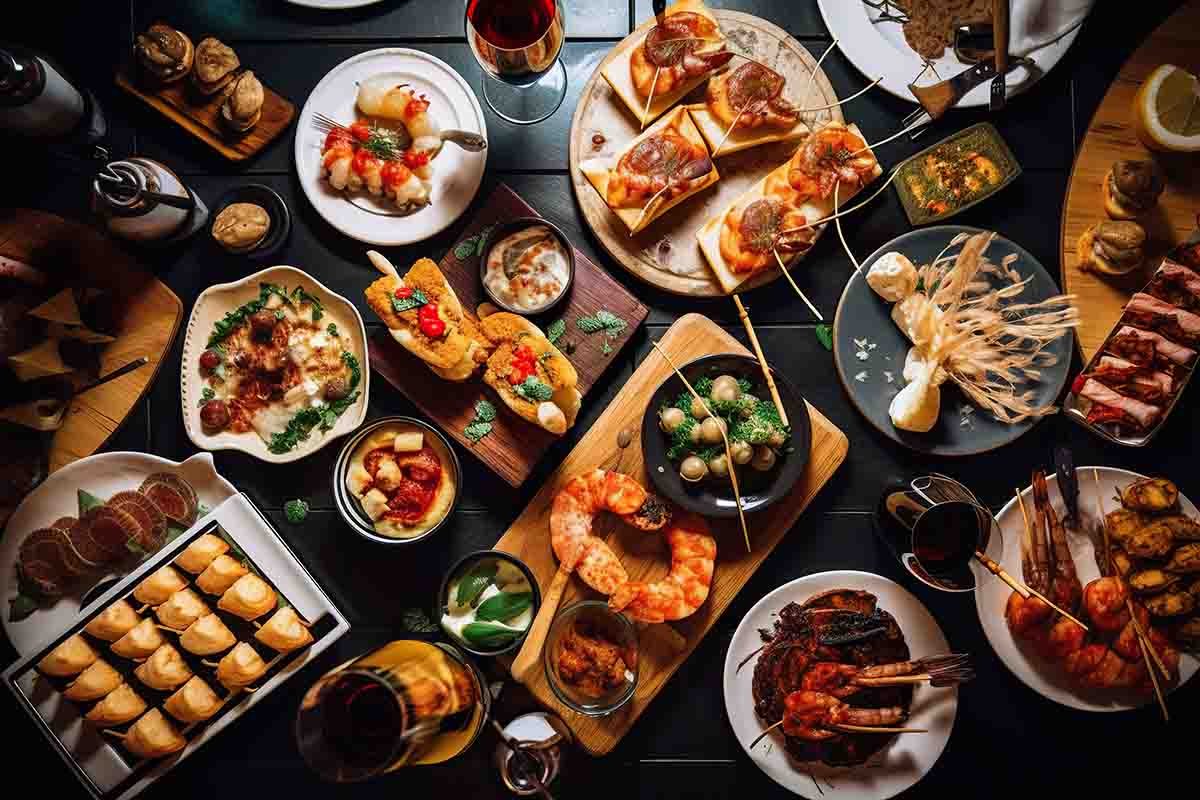 plato de paella junto a tapas variadas