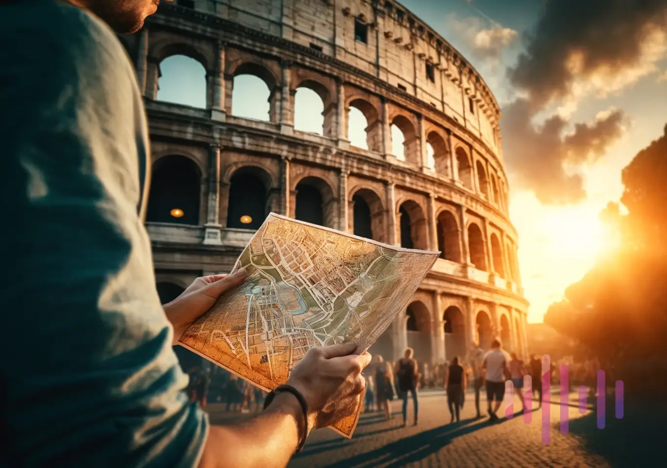 turista disfrutando de roma con mapas