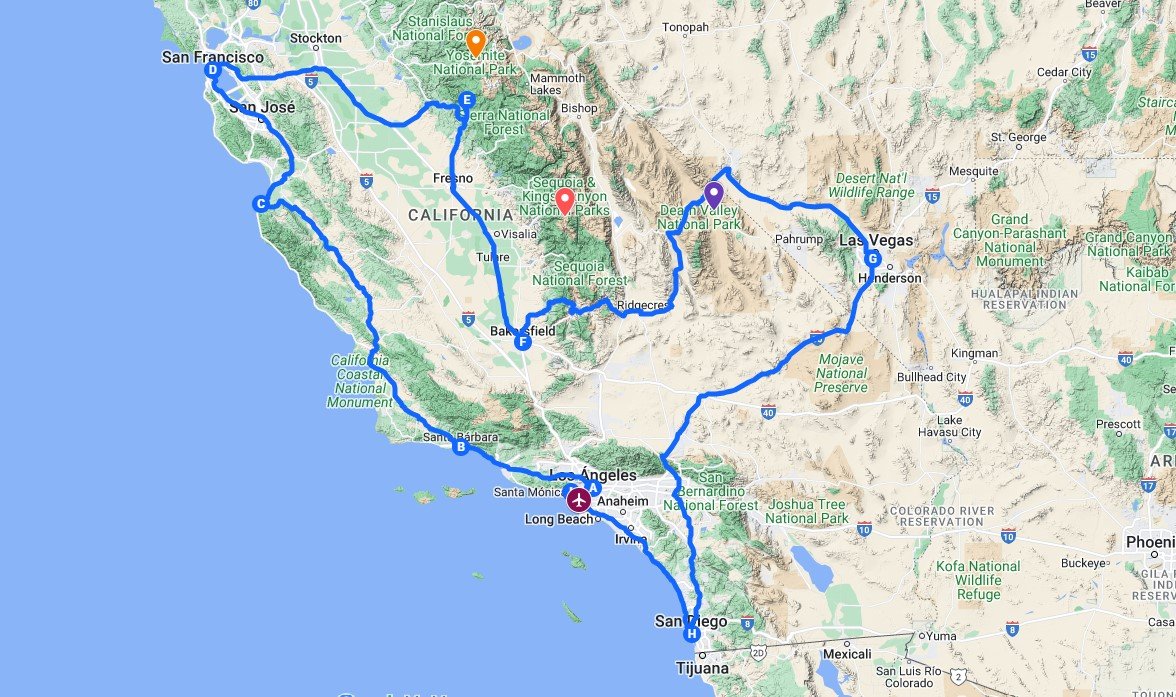 mapa de carretera entre los angeles y san francisco