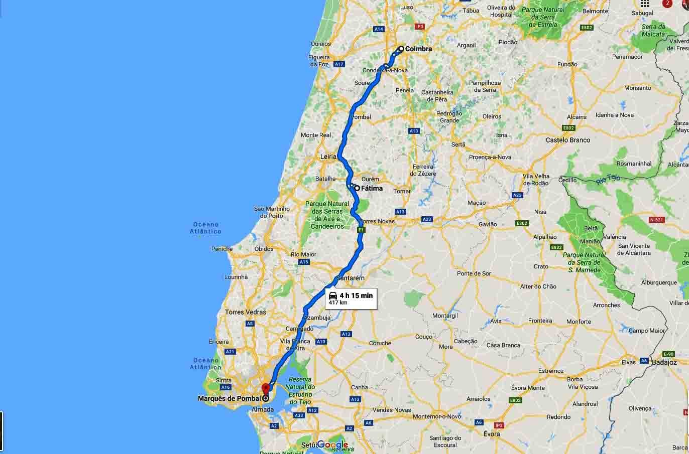 mapa de lisboa a fatima con paisajes