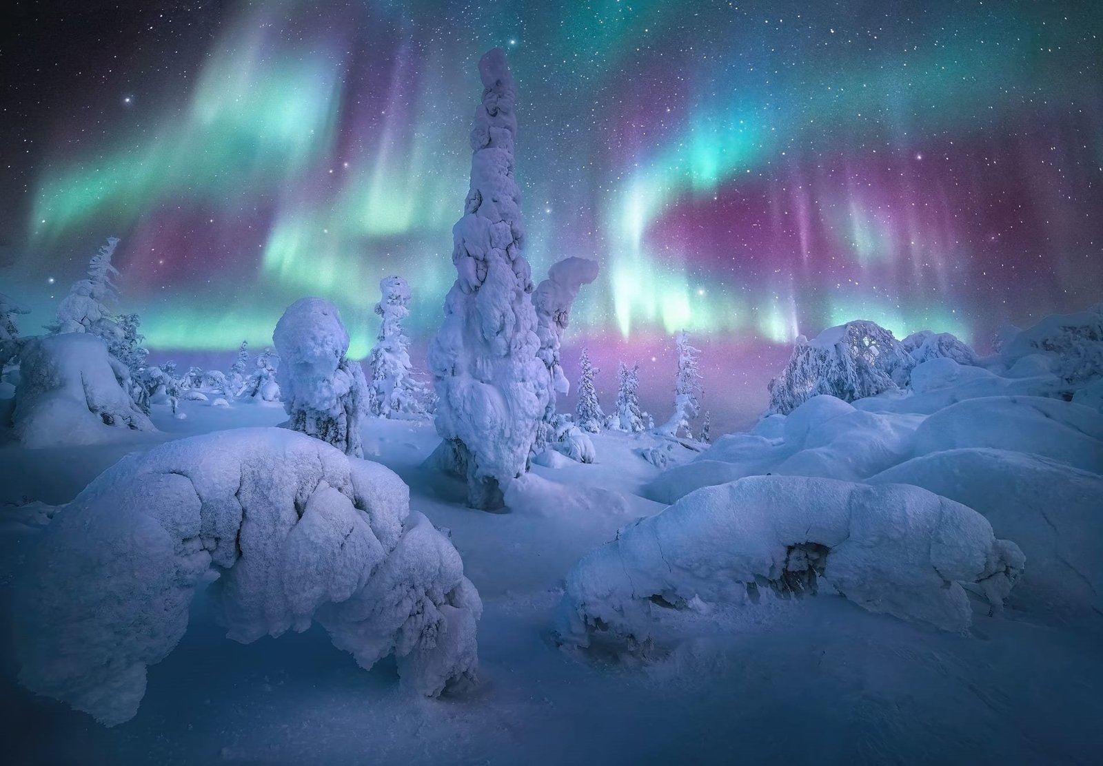 paisaje con auroras boreales en el cielo